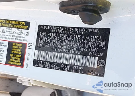 2015 Toyota Camry Xse V6 z USA, uszkodzony, nr VIN 4T1BK1FK6FU560068